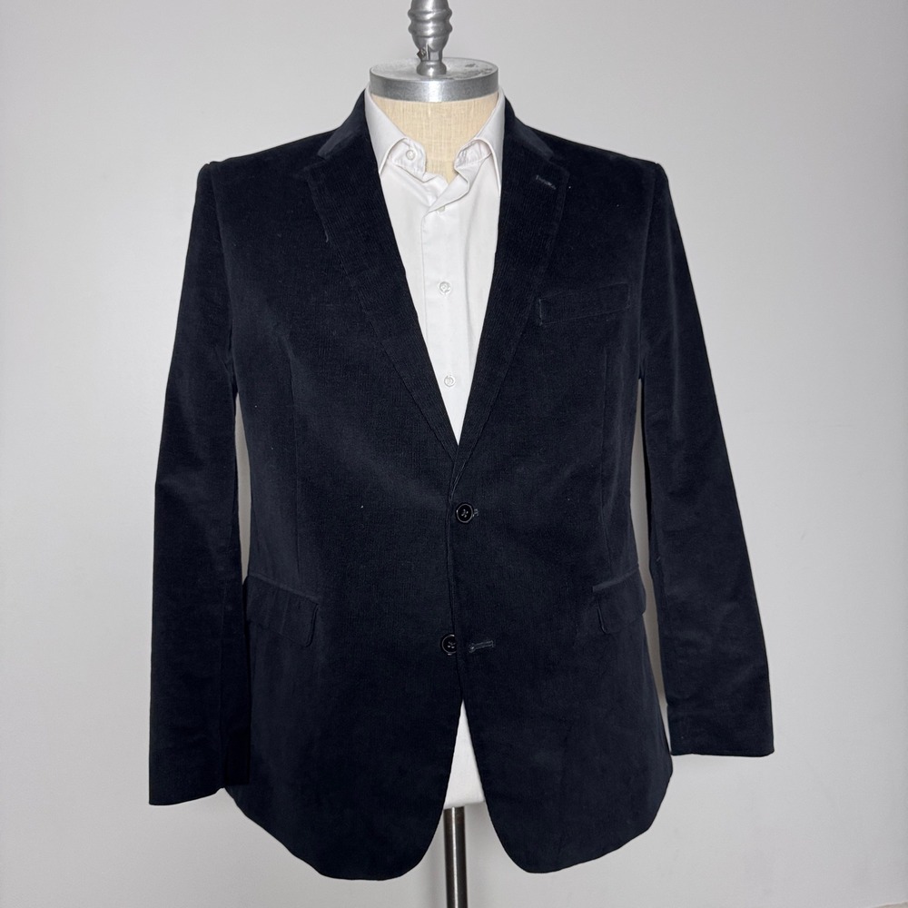 Tommy Hilfiger‎ Blazer Mens 46R Navy Black Solid Corduroy Elbow Patch Sport Coat